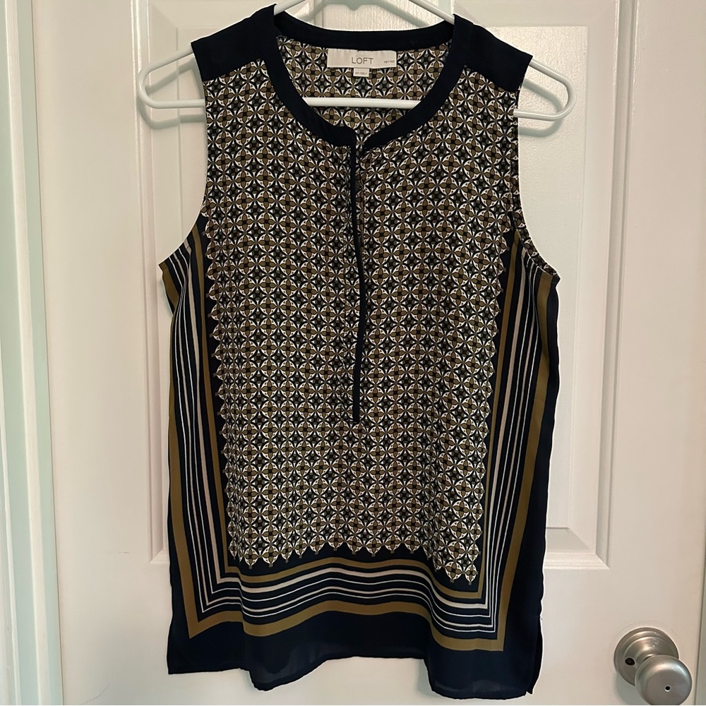 LOFT Navy Blue and Olive Green Sleeveless Blouse, Size SP